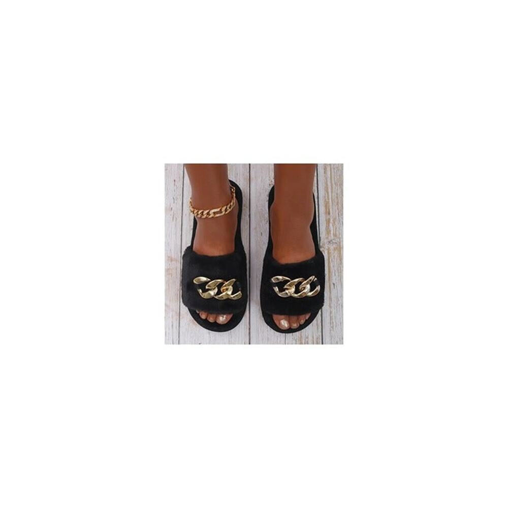 Women's Black Faux Fur Soft Fuzzy Slippers With Gold Tone Chain Accent